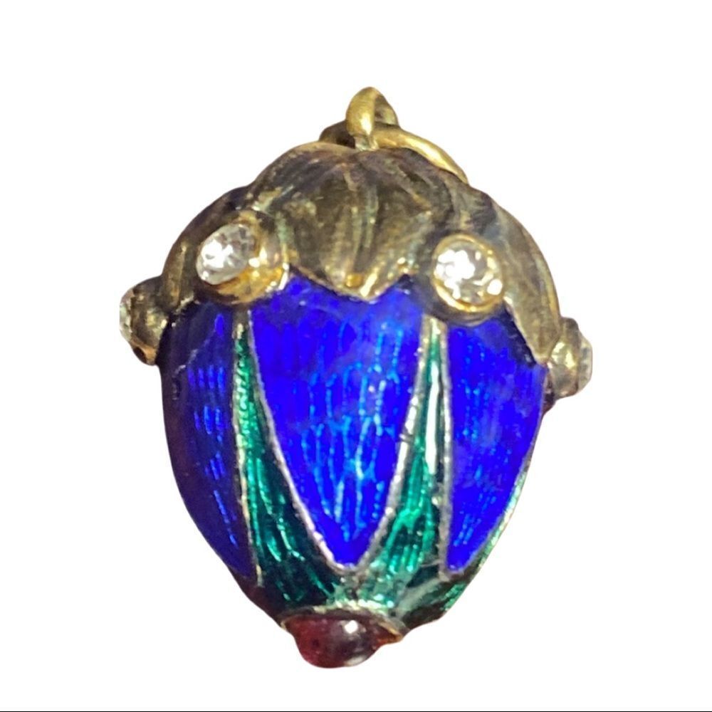 Vintage Russian Fabergรฉ Style Enamel Acorn Egg Charm Pendant Blue Green CZ